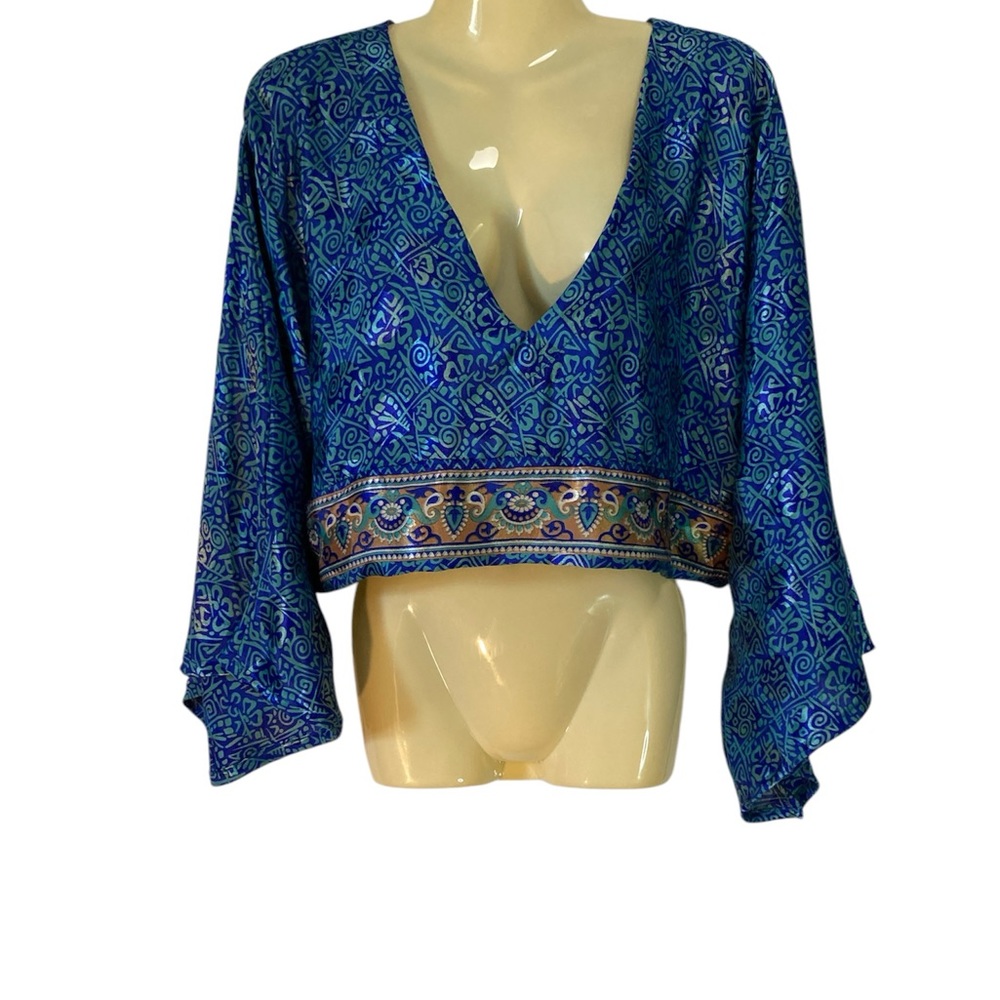 Kantha Bae Cropped Silk Top Bell Sleeves Bohemian Retro Groovy Blue Teal Small